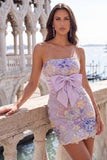 Lantejoulas cor-de-rosa Bodycon Sem Alças Florais Atacam Vestido de Regresso a Casa com Laço