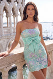 Lantejoulas cor-de-rosa Bodycon Sem Alças Florais Atacam Vestido de Regresso a Casa com Laço