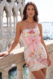 Lantejoulas cor-de-rosa Bodycon Sem Alças Florais Atacam Vestido de Regresso a Casa com Laço
