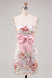 Lantejoulas cor-de-rosa Bodycon Sem Alças Florais Atacam Vestido de Regresso a Casa com Laço