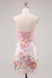 Lantejoulas cor-de-rosa Bodycon Sem Alças Florais Atacam Vestido de Regresso a Casa com Laço