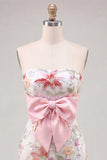 Lantejoulas cor-de-rosa Bodycon Sem Alças Florais Atacam Vestido de Regresso a Casa com Laço