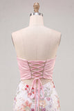 Lantejoulas cor-de-rosa Bodycon Sem Alças Florais Atacam Vestido de Regresso a Casa com Laço