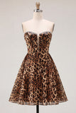 Vestido Curto de Regresso a Casa Shortless A-Line Linha Leopardo Castanho com Missangas