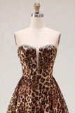 Vestido Curto de Regresso a Casa Shortless A-Line Linha Leopardo Castanho com Missangas