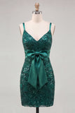 Vestido de regresso ao laço com alças finas verde-escuras com alças finas bodycon