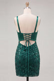 Vestido de regresso ao laço com alças finas verde-escuras com alças finas bodycon
