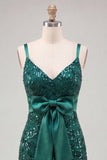 Vestido de regresso ao laço com alças finas verde-escuras com alças finas bodycon