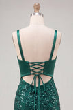 Vestido de regresso ao laço com alças finas verde-escuras com alças finas bodycon