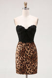 Vestido Curto de Boas-Vindas Preto e Leopardo Bodycon Bodycon