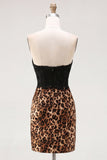 Vestido Curto de Boas-Vindas Preto e Leopardo Bodycon Bodycon