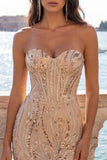 Vestido de Homecoming com lantejoulas bodycon champanhe sem alças com renda nas costas