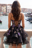 Vestido de regresso a casa em organza de organza com renda nas costas preto preto floral de tiras finas