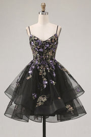 Vestido de regresso a casa em organza de organza com renda nas costas preto preto floral de tiras finas