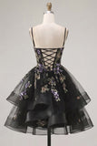 Vestido de regresso a casa em organza de organza com renda nas costas preto preto floral de tiras finas