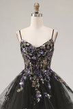 Vestido de regresso a casa em organza de organza com renda nas costas preto preto floral de tiras finas