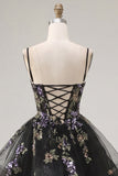 Vestido de regresso a casa em organza de organza com renda nas costas preto preto floral de tiras finas