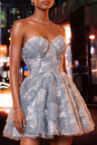 Vestido Curto Curto de Regresso a Casa Azul Azul A-Line A-Line Pearl Pearl Floral Curto com Renda nas Costas