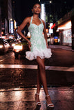 Vestido de regresso a casa, Bodycon Verde-Menta, Pérola Pérola, Bodycon Folhos e Flor de Festa, com Renda nas Costas