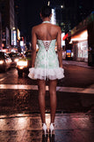 Vestido de regresso a casa, Bodycon Verde-Menta, Pérola Pérola, Bodycon Folhos e Flor de Festa, com Renda nas Costas