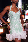Vestido de regresso a casa, Bodycon Verde-Menta, Pérola Pérola, Bodycon Folhos e Flor de Festa, com Renda nas Costas