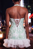 Vestido de regresso a casa, Bodycon Verde-Menta, Pérola Pérola, Bodycon Folhos e Flor de Festa, com Renda nas Costas