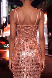 Bodycon Corset transparente Lantejoulas franzidas Tiras laçoadas Vestido curto de boas-vindas