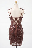 Bodycon Corset transparente Lantejoulas franzidas Tiras laçoadas Vestido curto de boas-vindas
