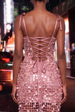 Bodycon Corset transparente Lantejoulas franzidas Tiras laçoadas Vestido curto de boas-vindas