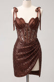 Corpete transparente brilhante, lantejoulas, atacar atrás, alças com laço, vestido de boas-vindas com fenda