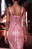 Corpete transparente brilhante, lantejoulas, atacar atrás, alças com laço, vestido de boas-vindas com fenda