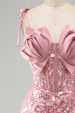 Bodycon Corset transparente Lantejoulas franzidas Tiras laçoadas Vestido curto de boas-vindas