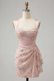 Corset Bodycon Blush com gola alta, renda para trás, vestido de regresso franzido com cinta