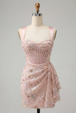 Corset Bodycon Blush com gola alta, renda para trás, vestido de regresso franzido com cinta