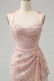 Corset Bodycon Blush com gola alta, renda para trás, vestido de regresso franzido com cinta