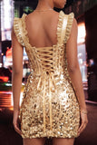 Vestido de Homecoming com Corset Transparente Espartilho Franzido com Folhos Champanhe