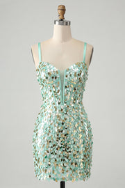Corpete bodycon verde menta brilhante, renda nas costas, lantejoulas, vestido curto de regresso a casa
