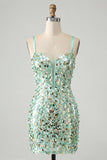 Corpete bodycon verde menta brilhante, renda nas costas, lantejoulas, vestido curto de regresso a casa