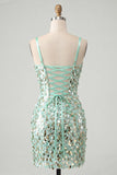 Corpete bodycon verde menta brilhante, renda nas costas, lantejoulas, vestido curto de regresso a casa