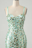 Corpete bodycon verde menta brilhante, renda nas costas, lantejoulas, vestido curto de regresso a casa