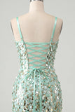 Corpete bodycon verde menta brilhante, renda nas costas, lantejoulas, vestido curto de regresso a casa