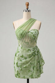 Espartilho Bodycon Verde, Um Ombro Atacado, Lantejoulas, Vestido de Finalistas com Faixa