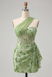 Espartilho Bodycon Verde, Um Ombro Atacado, Lantejoulas, Vestido de Finalistas com Faixa