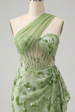 Espartilho Bodycon Verde, Um Ombro Atacado, Lantejoulas, Vestido de Finalistas com Faixa