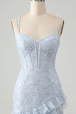 Espartilho bodycon azul claro com lantejoulas com lantejoulas e folhos