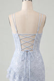 Espartilho bodycon azul claro com lantejoulas com lantejoulas e folhos