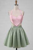 Vestido de finalistas rosa e verde, linha A de 2 peças, decote halter e cetim
