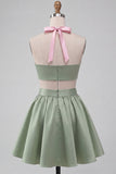 Vestido de finalistas rosa e verde, linha A de 2 peças, decote halter e cetim