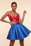 Vestido de finalistas rosa e verde, linha A de 2 peças, decote halter e cetim