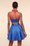 Vestido de finalistas rosa e verde, linha A de 2 peças, decote halter e cetim